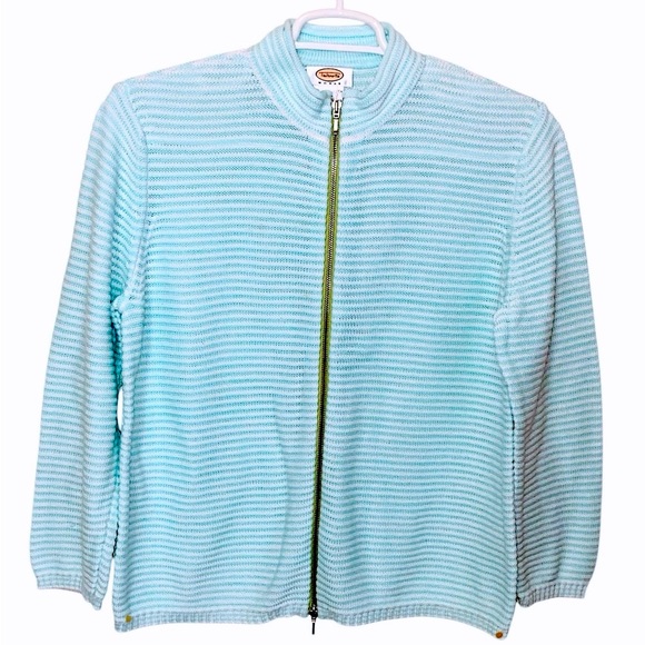Talbots Woman Striped Textured Cotton Cardigan Contrast Zipper  Blue White (1X) - Picture 1 of 7